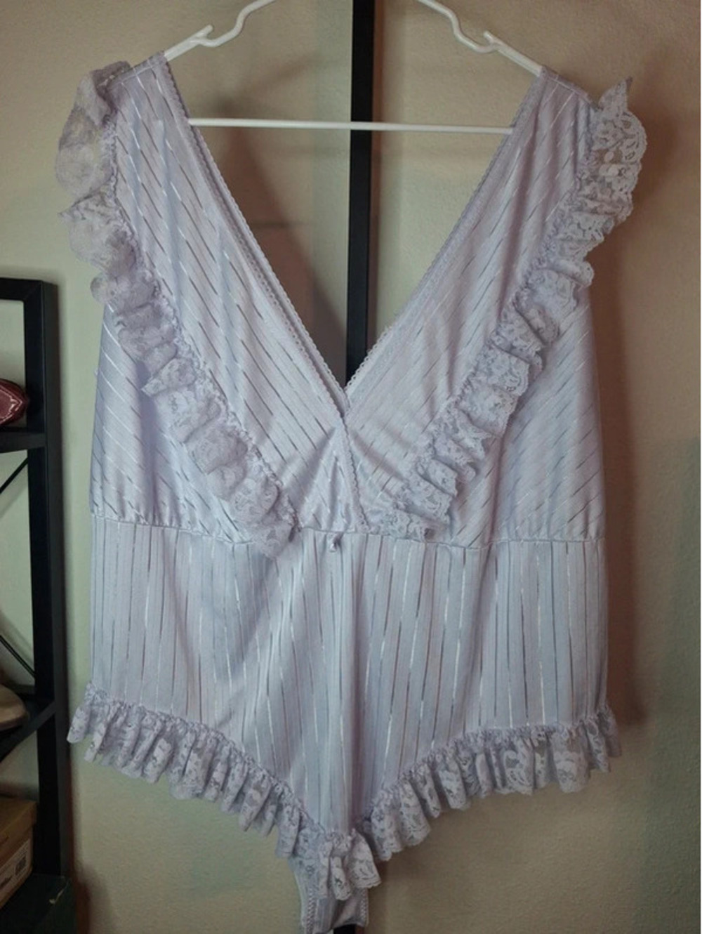 Vintage Elissia light purple/ lilac satin-finish striped bodysuit/teddy lingerie